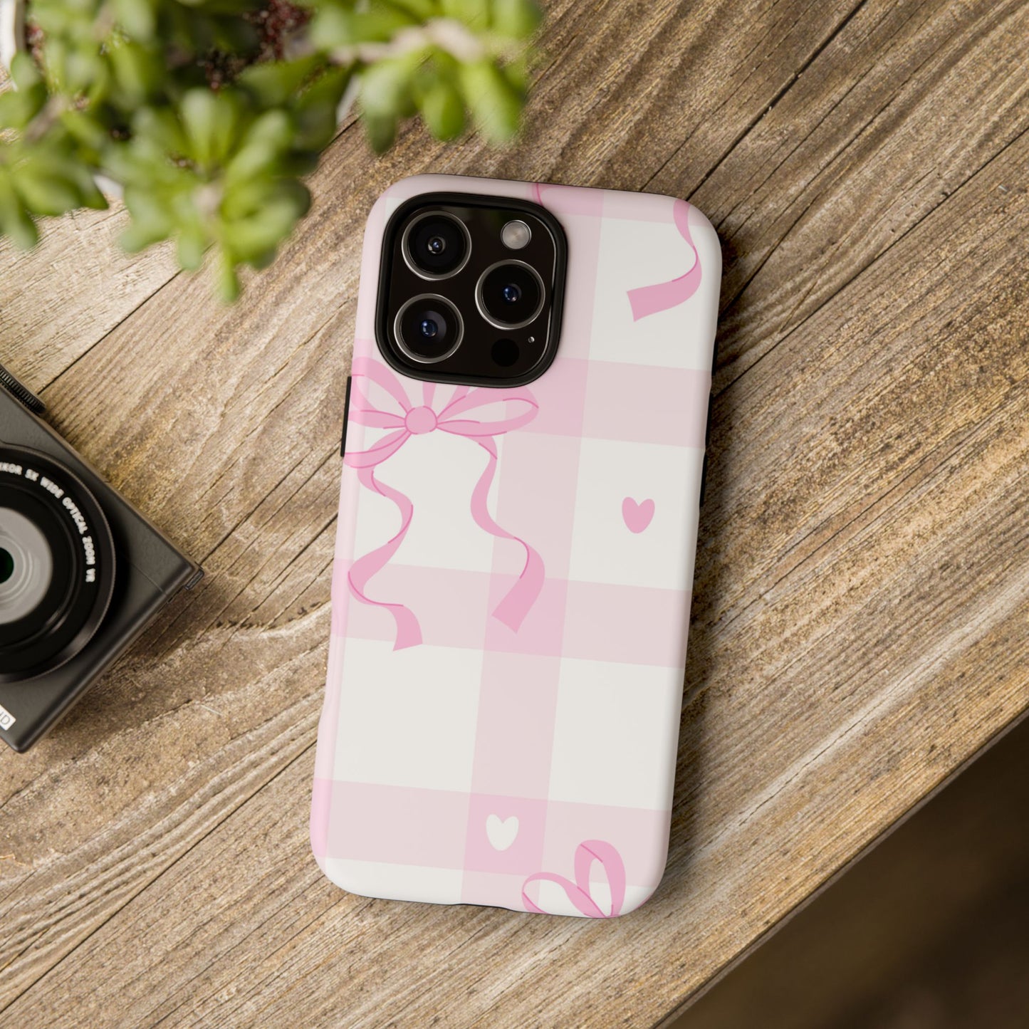 Phone Case - Checkered Bow Pink and White Design