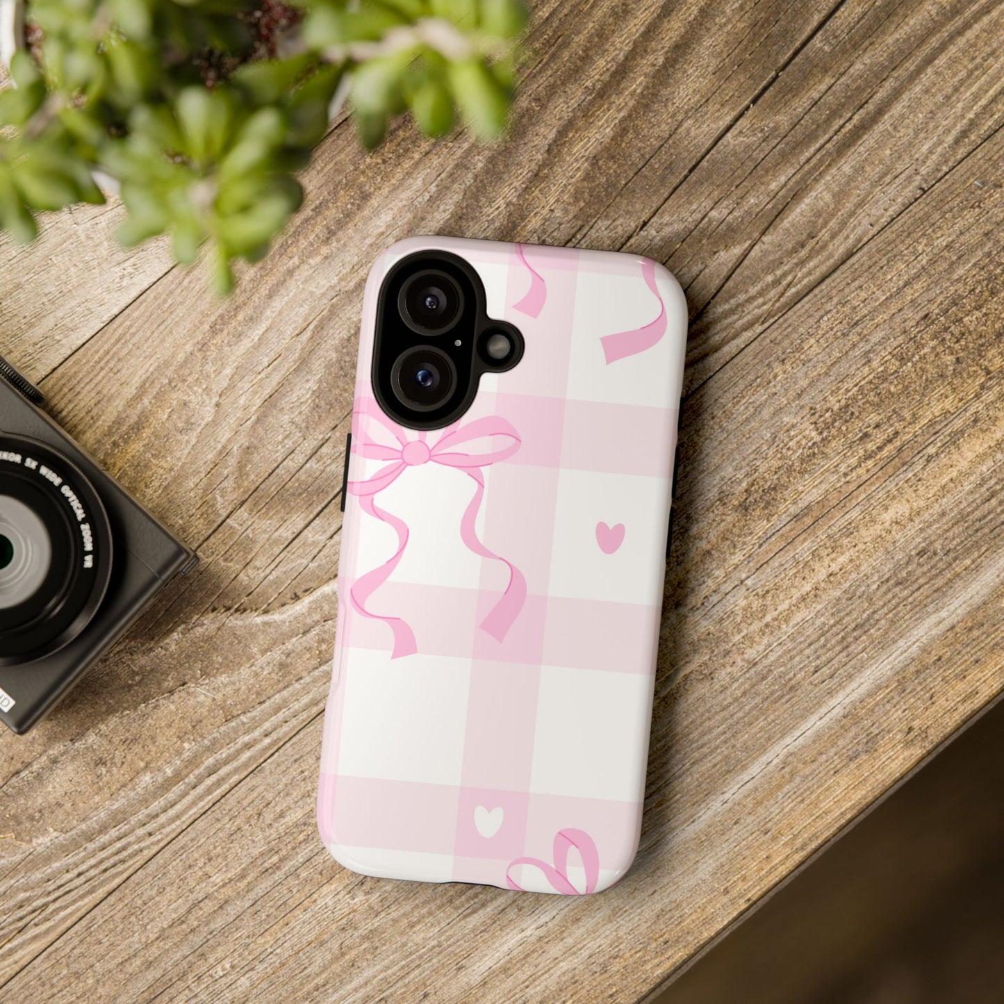 Phone Case - Checkered Bow Pink and White Design