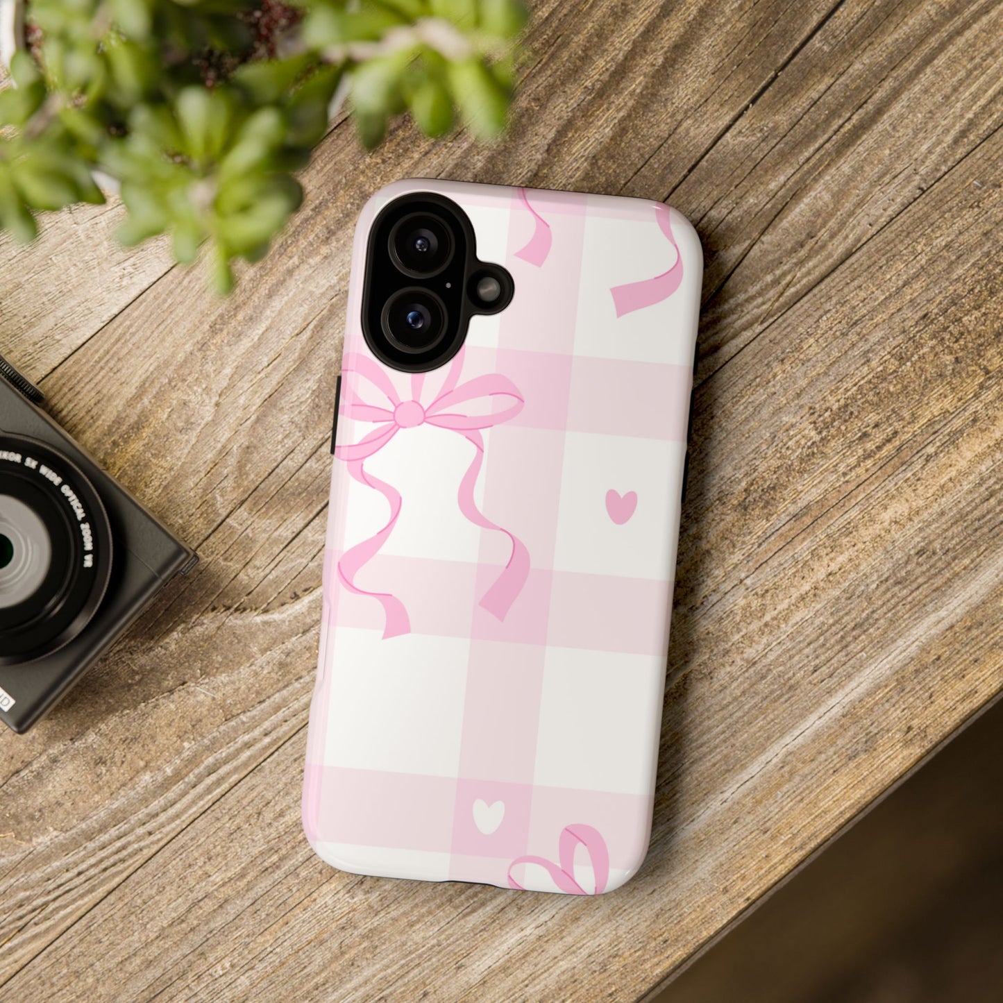 Phone Case - Checkered Bow Pink and White Design