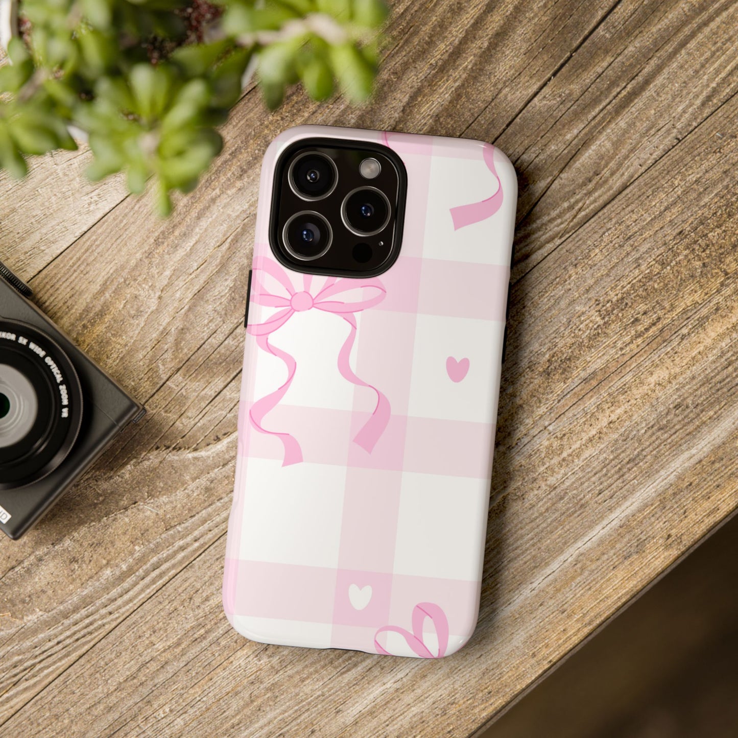 Phone Case - Checkered Bow Pink and White Design
