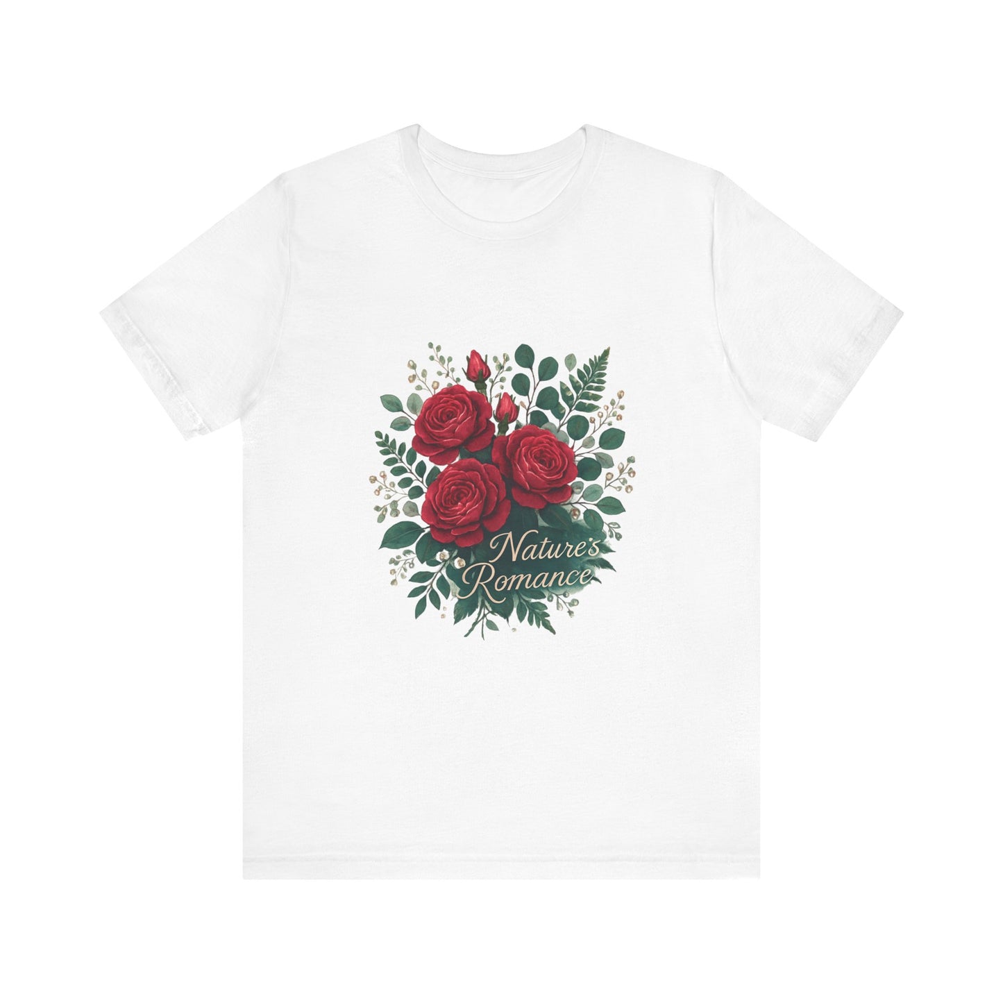 White t-shirt with red roses and green leaves — floral print-on-demand clothing for feminine cottagecore fashion