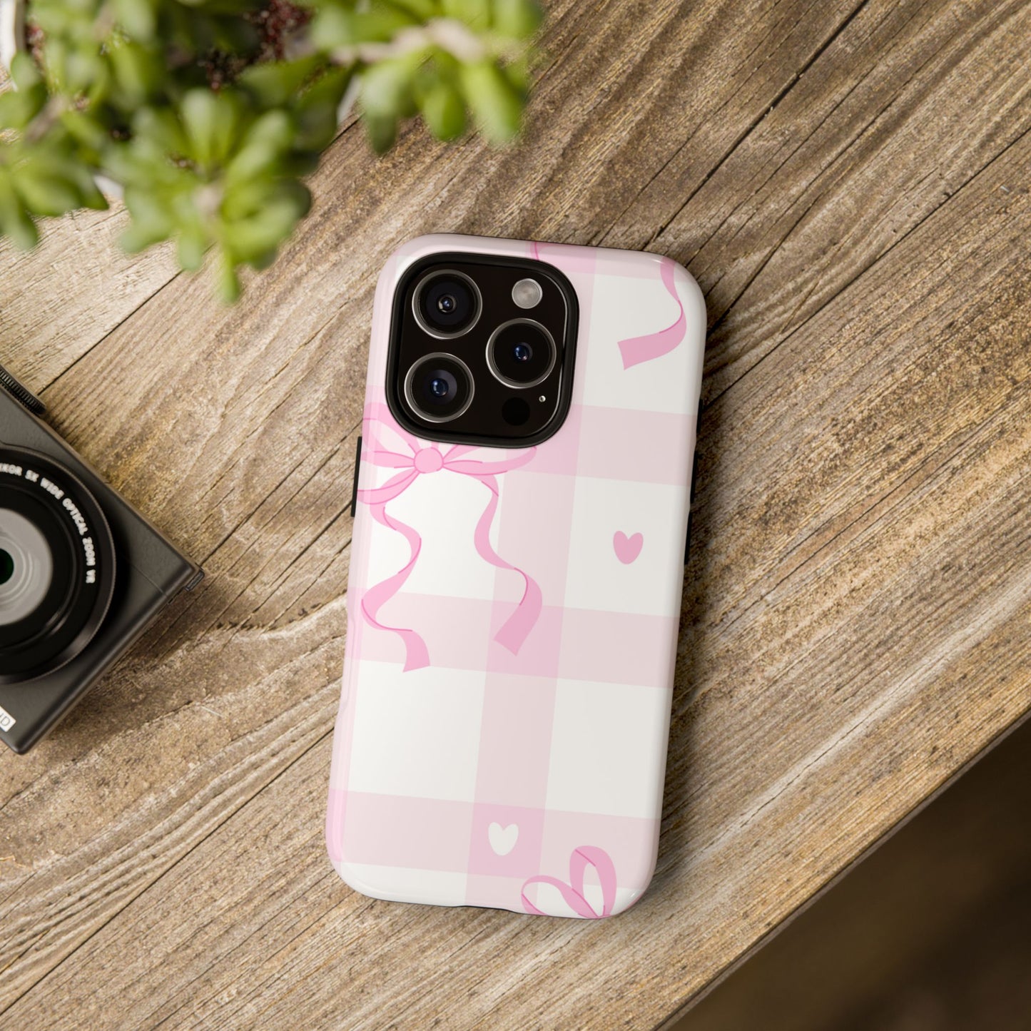 Phone Case - Checkered Bow Pink and White Design
