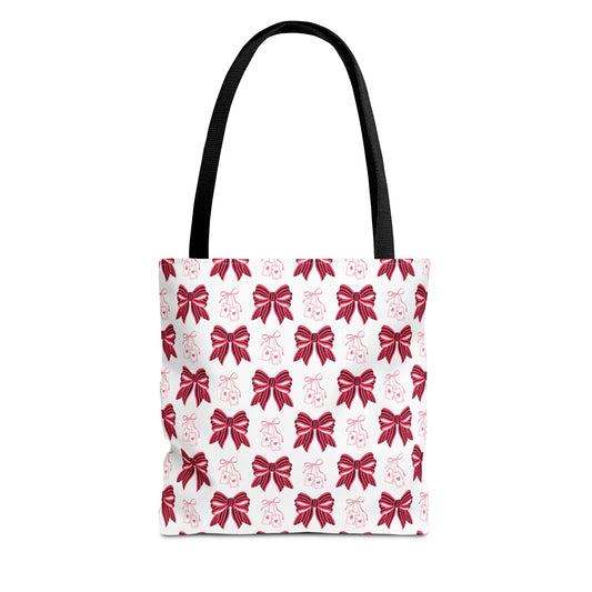 White tote bag with red bow pattern — cute print-on-demand accessory for shopping, gifts, and everyday use