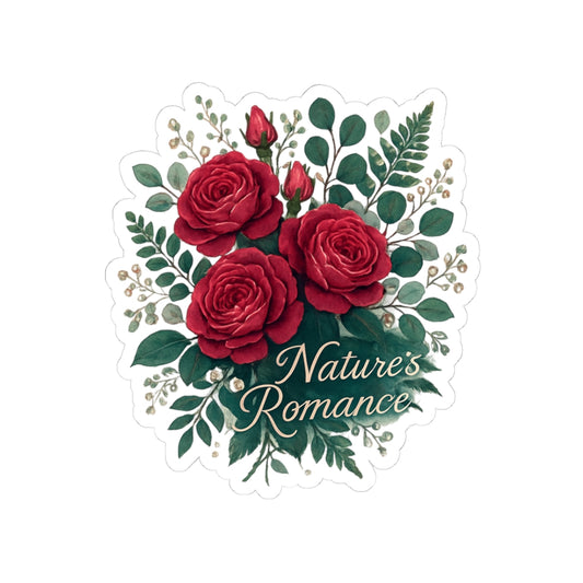 Red rose and green leaf decorative sticker with ‘Nature’s Romance’ text — floral printable or print-on-demand decal for laptops and journals