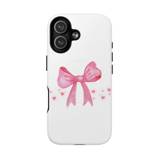White phone case with pink bow and mini heart design — cute print-on-demand accessory for iPhone and Samsung phones