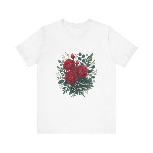 White t-shirt with red roses and green leaves — floral print-on-demand clothing for feminine cottagecore fashion